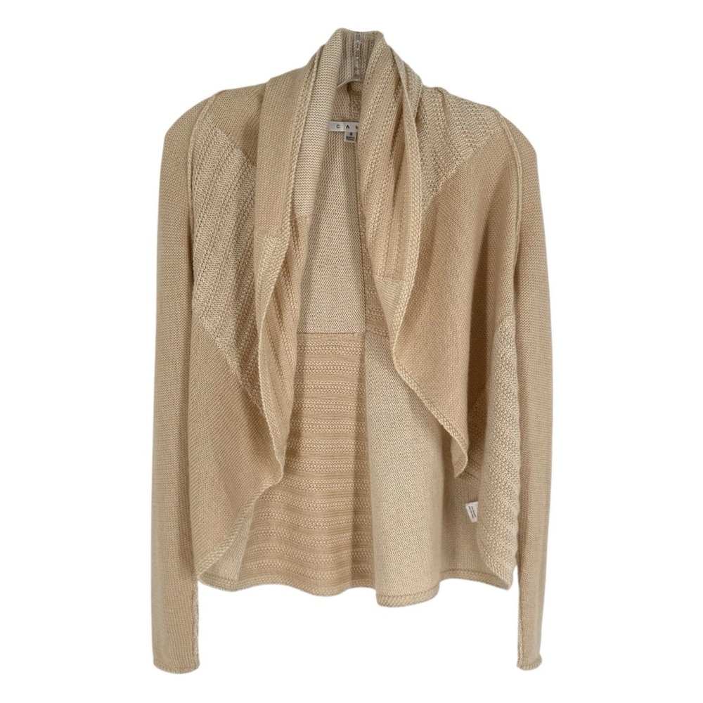 Cabi Wool Blend Cardigan Womens Size Small Beige Patchwork Knit Open Front